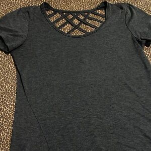 Women's Grey Short-Sleeve Top with Lattice Scoop Neck